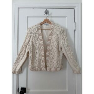 Vintage Lim's 100% Silk 3D Knotted Textured Open Front Jacket Cream M
